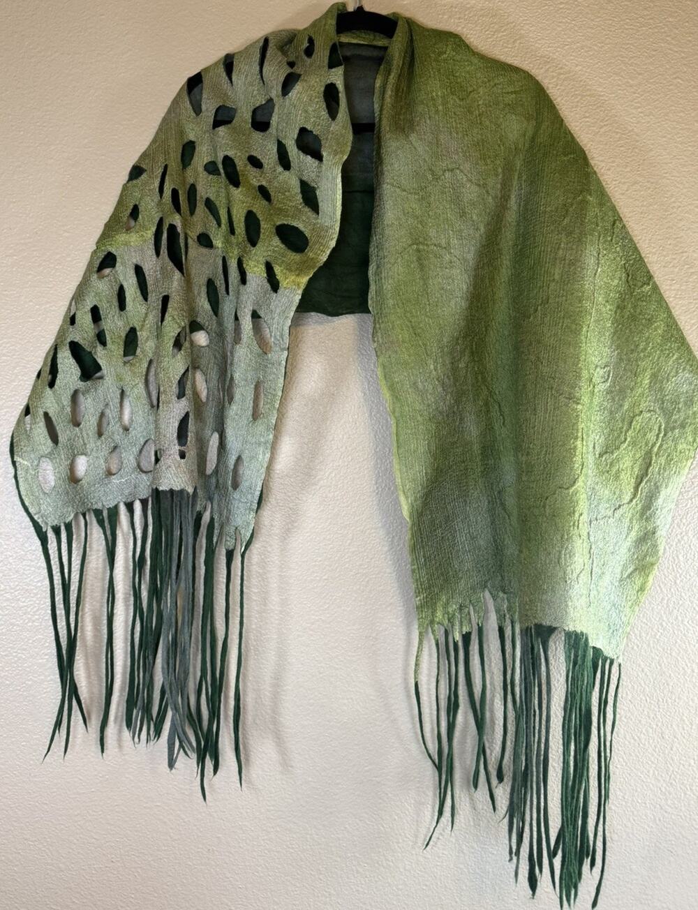 Nuno Felted Scarf Green Textured Fringe Cut-Outs Wearable Art 20x62